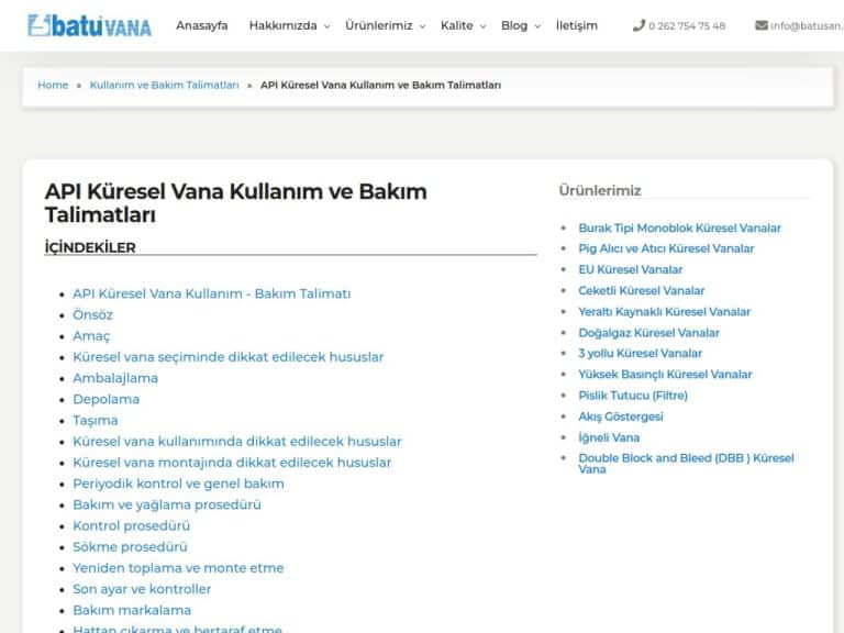 API Küresel Vana Kullanım - Bakım Talimatları