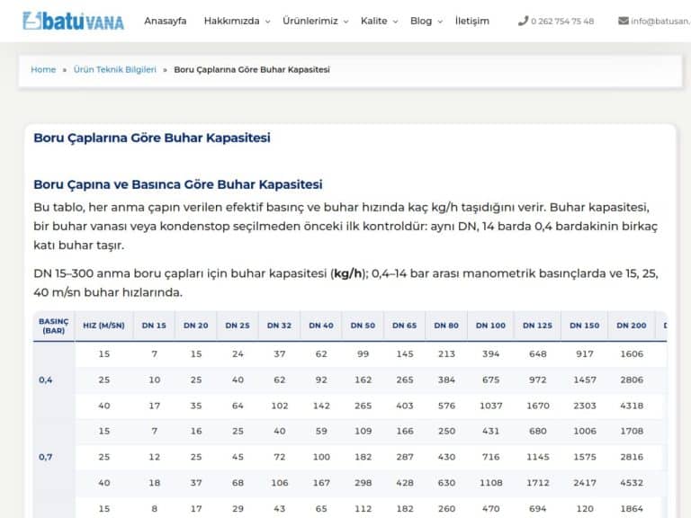 Boru Çaplarına Göre Buhar Kapasitesi