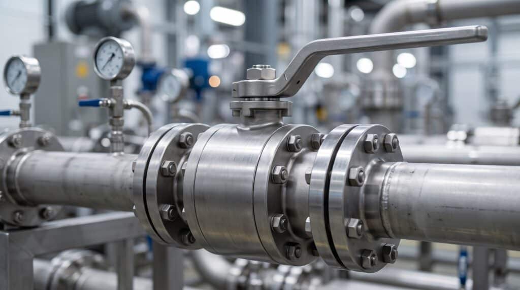 Flanged industrial ball valve installed on a gas process line in LNG infrastructure