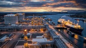 LNG infrastructure: import terminal with storage tanks and an LNG carrier at berth