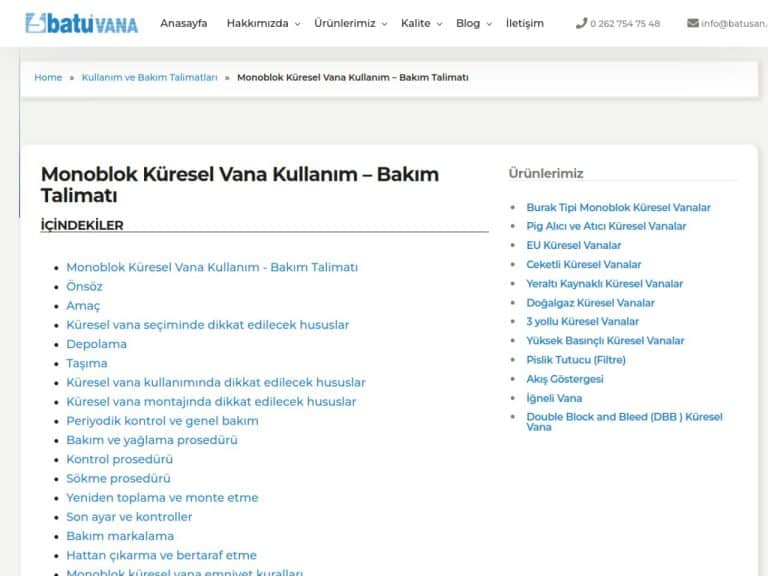 Monoblok Küresel Vana Kullanım - Bakım Talimatı