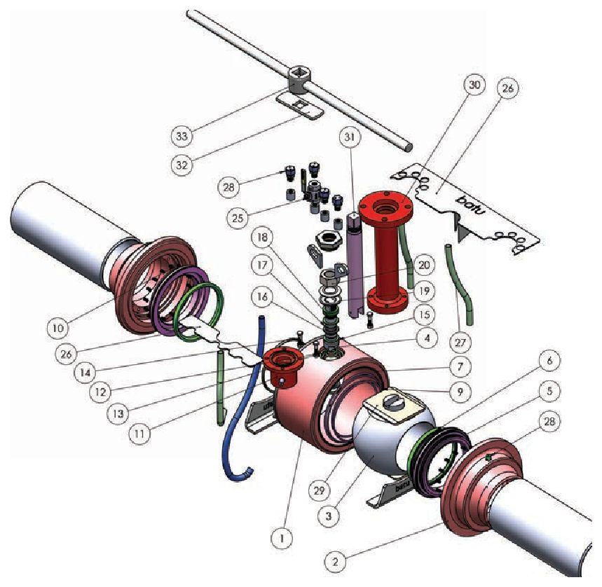 ANSI Class 150 full bore fully welded ball valve — exploded view with part numbers