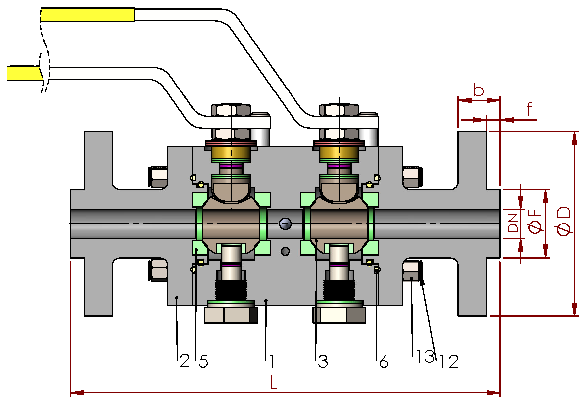 ANSI Class 1500 DBB Ball Valve — sectional drawing with part numbers