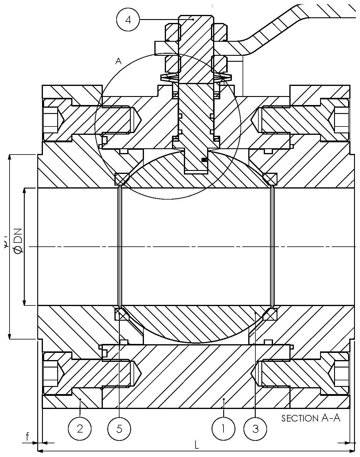 ANSI CLASS 300 High Pressure Wafer Ball Valve — section A-A with part numbers