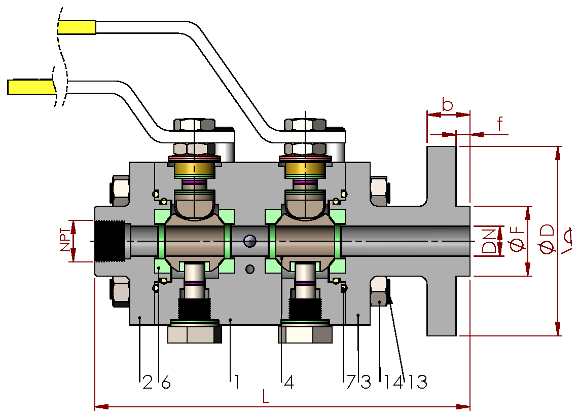 ANSI Class 600 DBB Ball Valve Female NPT Threaded Full Bore Flanged — sectional drawing with part numbers