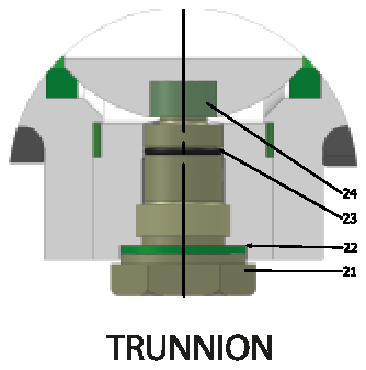 ANSI CLASS 150 Redüksiyon Geçişli/Flanşlı (Çelik) Vana — trunnion yapı, 21–24 numaralı alt yatak parçaları