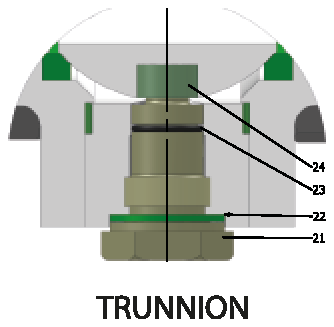 ANSI CLASS 300 Tam Geçişli/Flanşlı (Çelik) Vana — trunnion yapı, 21–24 numaralı alt yatak parçaları