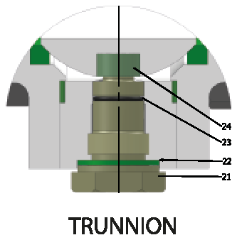 ANSI CLASS 600 Redüksiyon Geçişli/Flanşlı (Çelik) Vana — trunnion yapı, 21–24 numaralı alt yatak parçaları