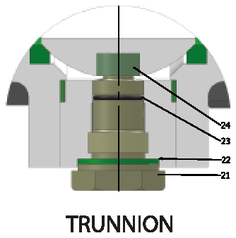 ANSI CLASS 900 Tam Geçişli/Flanşlı (Çelik) Vana — trunnion yapı, 21–24 numaralı alt yatak parçaları
