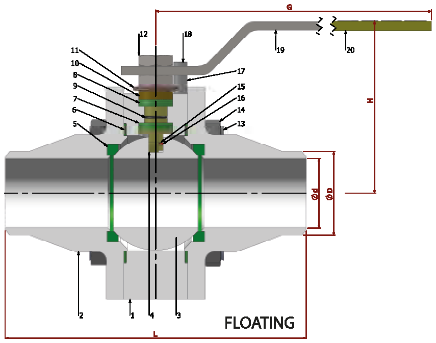 ANSI CLASS 150/300 Redüksiyon Geçişli/Alın Kaynaklı (Çelik) Vana 1 ANSI CLASS 150/300 Redüksiyon Geçişli/Alın Kaynaklı (Çelik) Vana — floating yapı, parça numaralı kesit çizimi