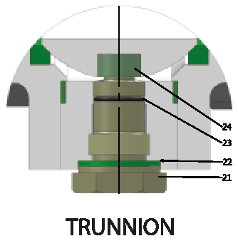 ANSI CLASS 600 Tam Geçişli/Alın Kaynaklı (Çelik) Vana — trunnion yapı, 21–24 numaralı alt yatak parçaları