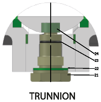 ANSI CLASS 900 Tam Geçişli/Alın Kaynaklı (Çelik) Vana — trunnion yapı, 21–24 numaralı alt yatak parçaları