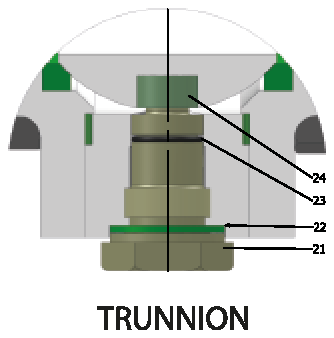 ANSI CLASS 900 Redüksiyon Geçişli/Alın Kaynaklı (Çelik) Vana — trunnion yapı, 21–24 numaralı alt yatak parçaları