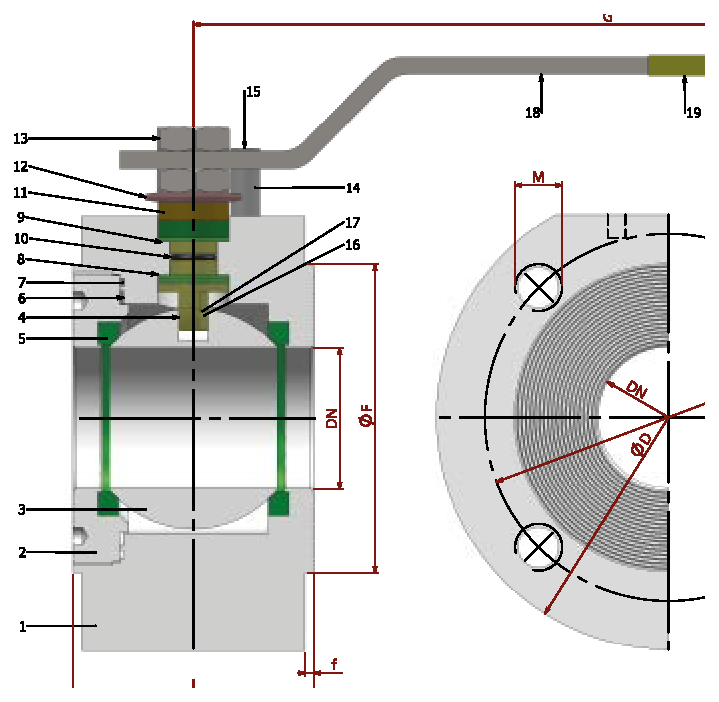 CLASS 150/300 Full Bore/Flanged — sectional drawing with part numbers