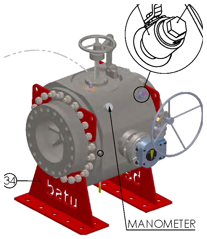 Pig Ball Valve Sample Datasheet — 3D view with manometer detail