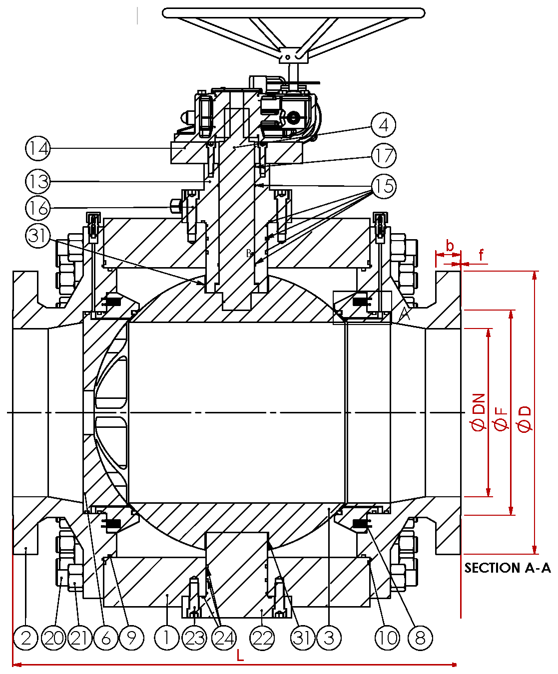 Pig Ball Valve Sample Datasheet — section A-A with part numbers