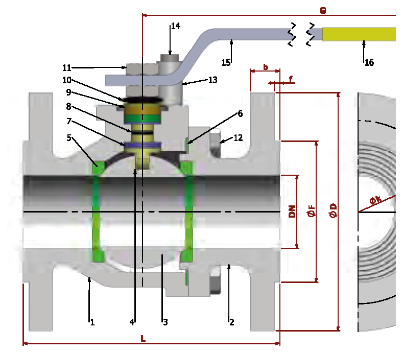 PN 10/16 Full Bore/Flanged — sectional drawing with part numbers
