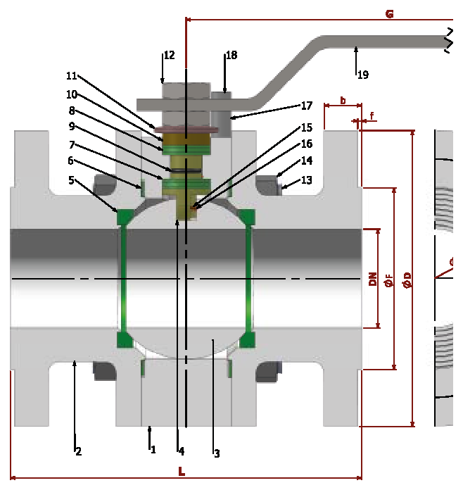 PN 100 Full Bore/Flanged — sectional drawing with part numbers