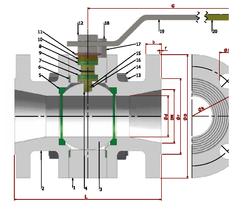 PN 100 Reduction Bore/Flanged — sectional drawing with part numbers