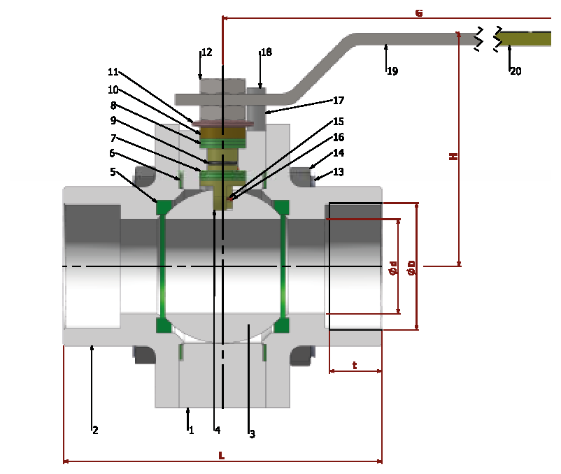 PN 100 Reduction Bore/ Threaded — sectional drawing with part numbers