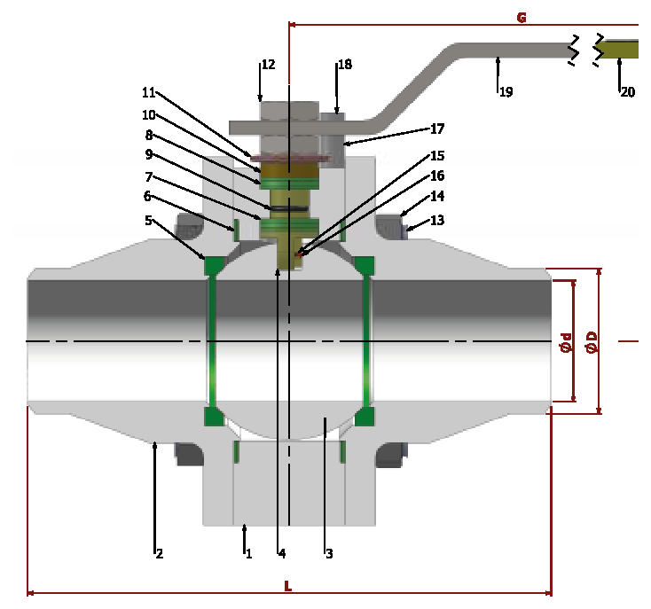 PN 150 Full Bore/ Butt-Welded — sectional drawing with part numbers