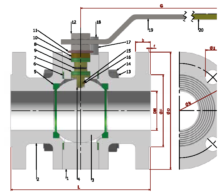PN 150 Full Bore/Flanged — sectional drawing with part numbers