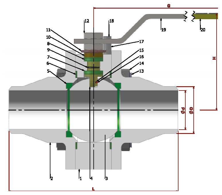 PN 150 Reduction Bore/Butt-Welded — sectional drawing with part numbers