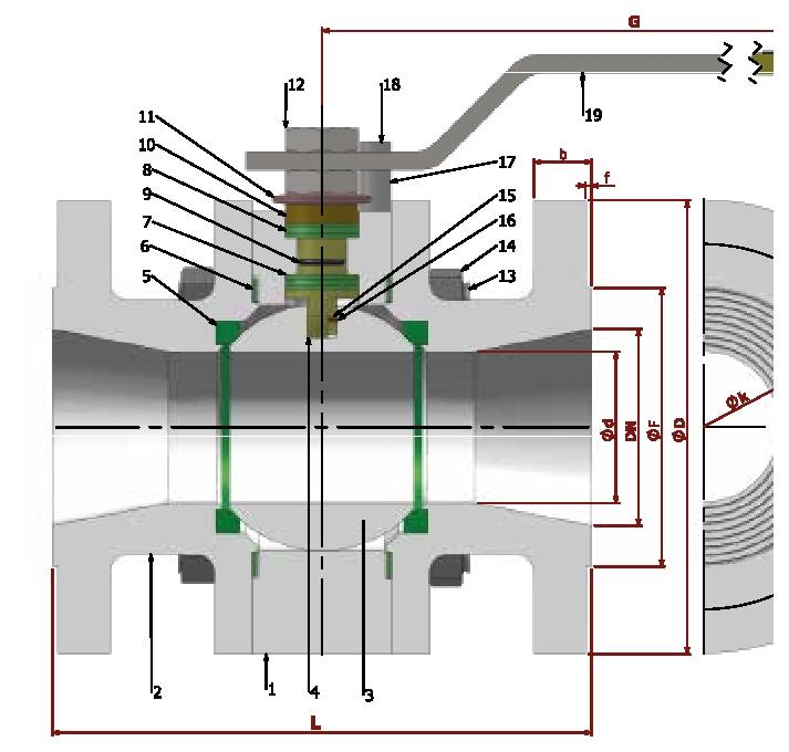PN 150 Reduction Bore/Flanged — sectional drawing with part numbers