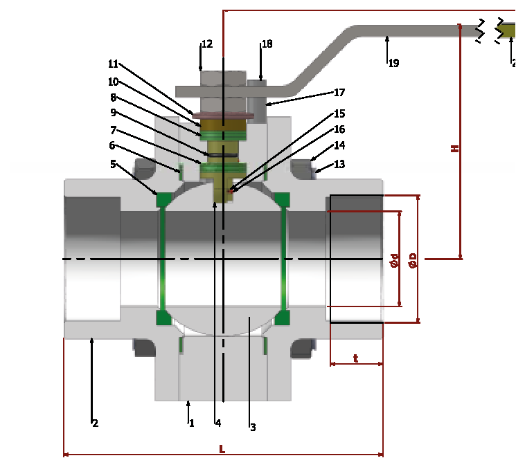 PN 150 Reduction Bore/ Threaded — sectional drawing with part numbers
