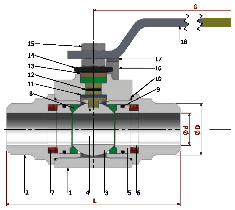 PN 16/25/40 EU-1/BW Full Bore/Butt-Welded — sectional drawing with part numbers