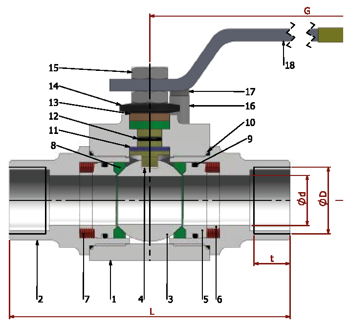 PN 16/25/40 EU-1/TR Full Bore/Threaded — sectional drawing with part numbers