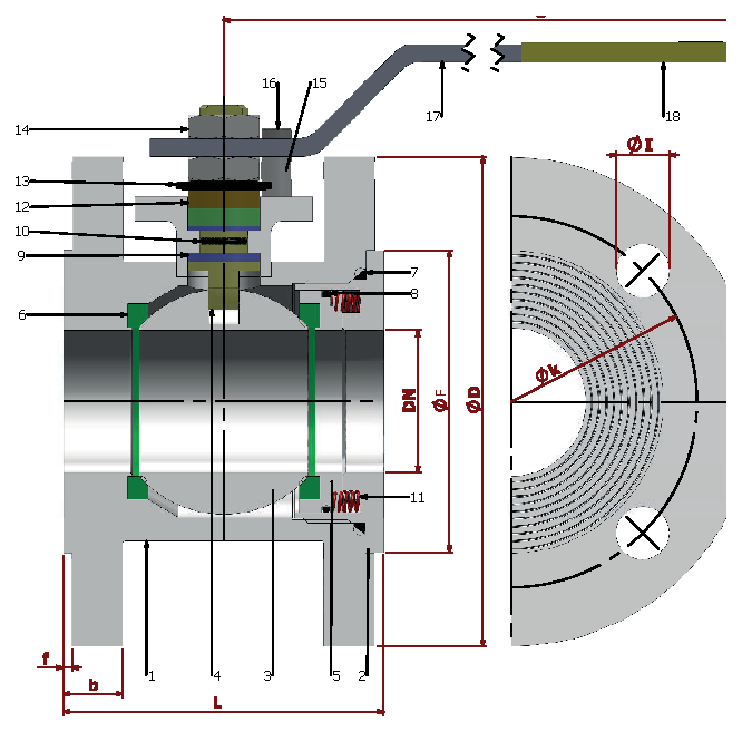 PN/16/25/40 EU-2 Full Bore/Flanged — sectional drawing with part numbers