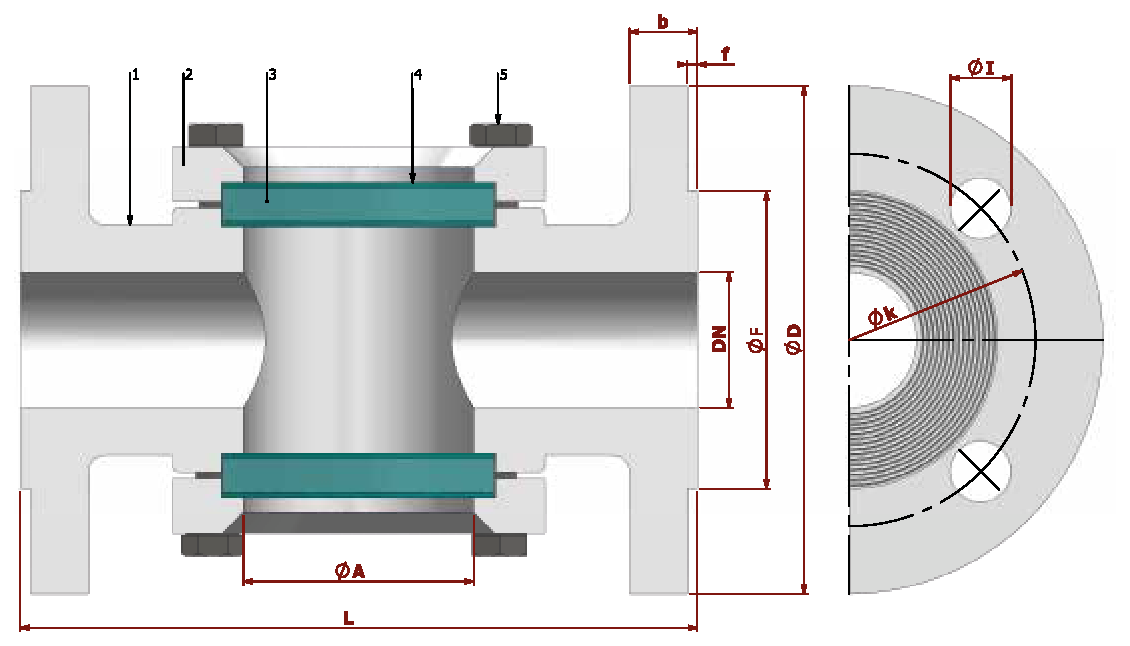 PN 16/25/40 flanged sight glass — sectional drawing with part numbers