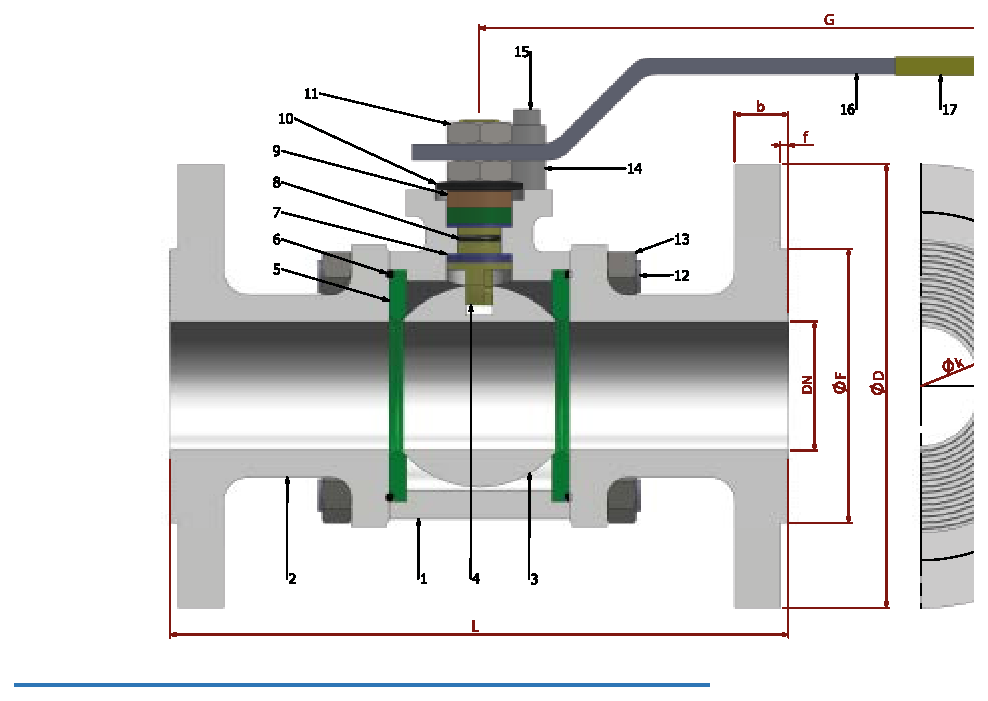 PN 16/25/40 Full Bore/Flanged — sectional drawing with part numbers