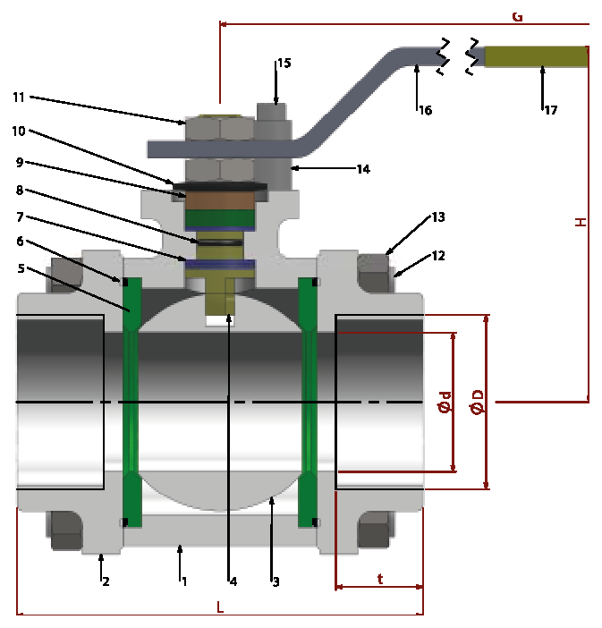 PN 16/25/40 Full Bore/Threaded — sectional drawing with part numbers