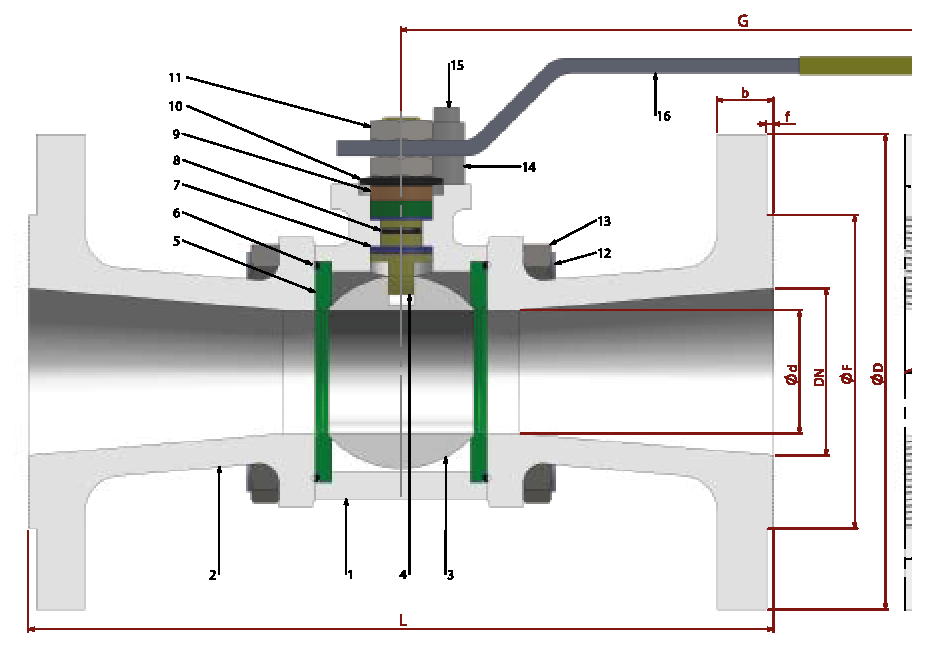 PN 16/25/40 Reduction Bore/Flanged — sectional drawing with part numbers