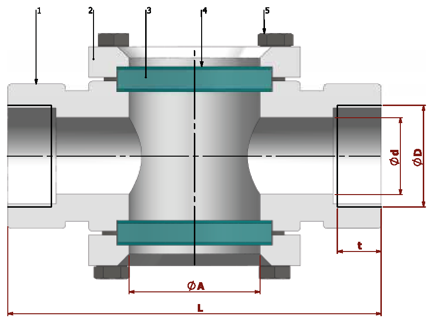PN 16/25/40 threaded sight glass — sectional drawing with part numbers