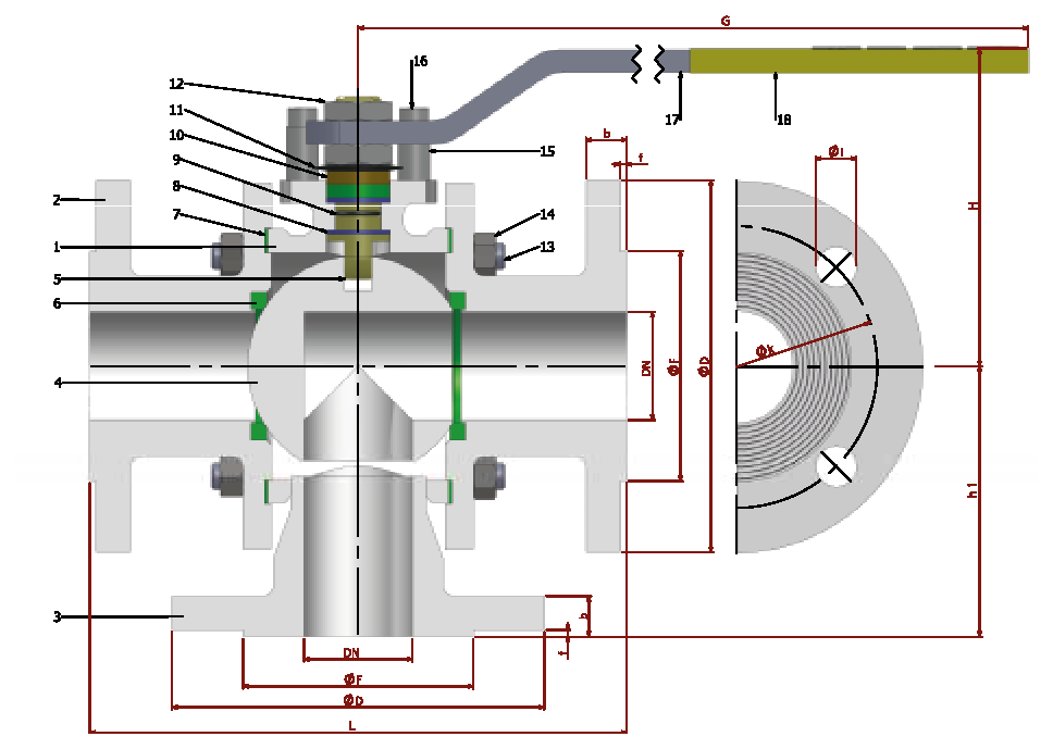 PN 16/40 3 Y- L Full Bore/Flanged (Steel) — sectional drawing with part numbers