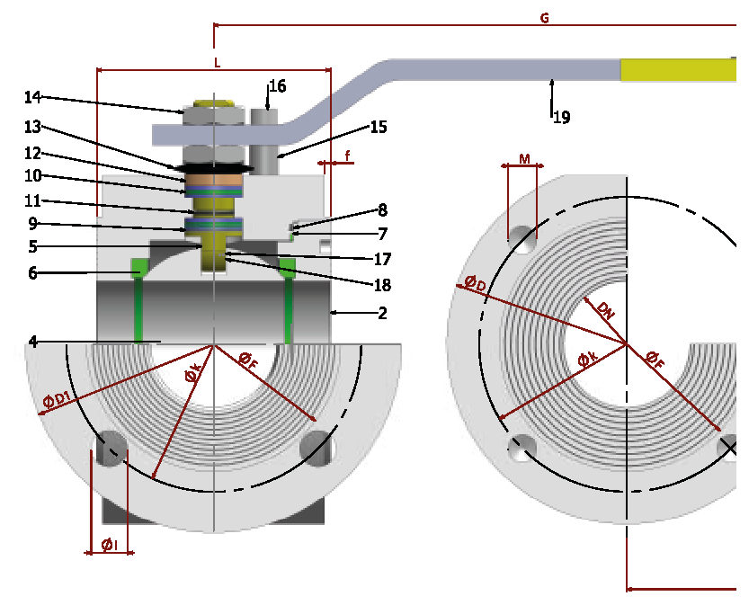 PN 16/40 3 Y-L Full Bore/Flanged — sectional drawing with part numbers