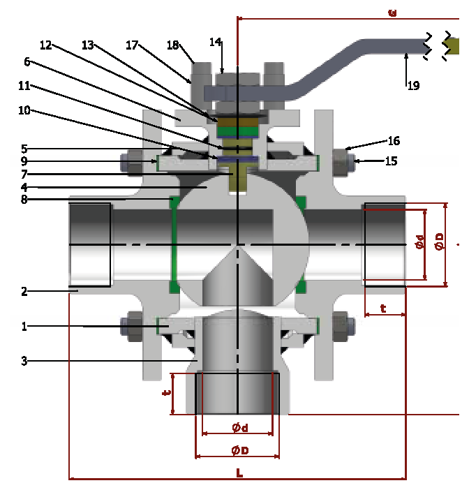 PN 16/40 3 Y- L Full Bore/Threaded (Steel) — sectional drawing with part numbers