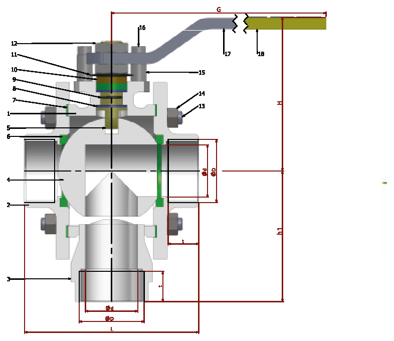 PN 16/40 3 Y- L Full Bore/Threaded (Steel) — sectional drawing with part numbers