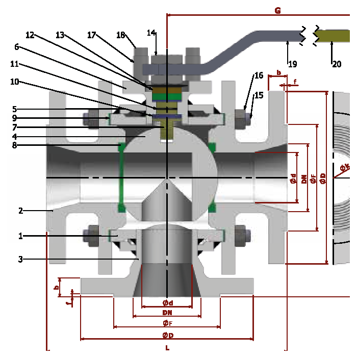 PN 16/40 3 Y- L Reduction Bore/Flanged (Steel) — sectional drawing with part numbers