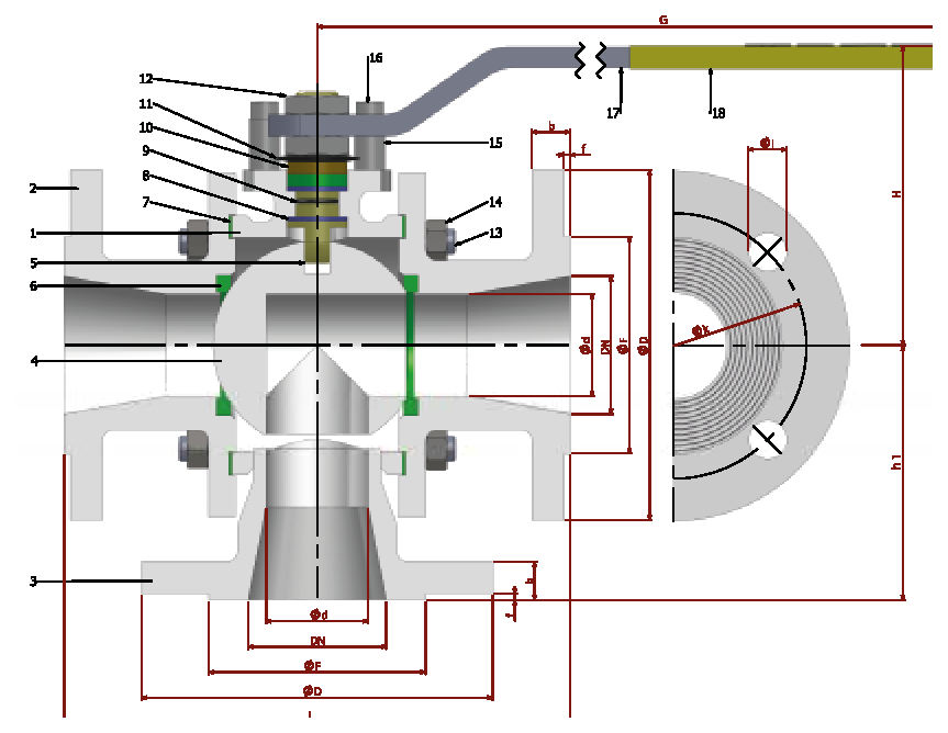 PN 16/40 3 Y- L Reduction Bore/Flanged (Steel) — sectional drawing with part numbers