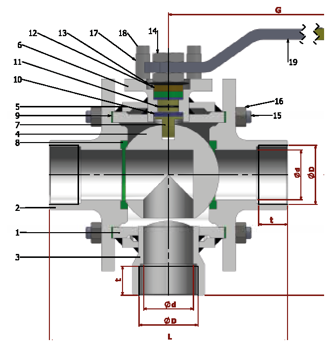 PN 16/40 3 Y- L Reduction Bore/Threaded (Steel) — sectional drawing with part numbers