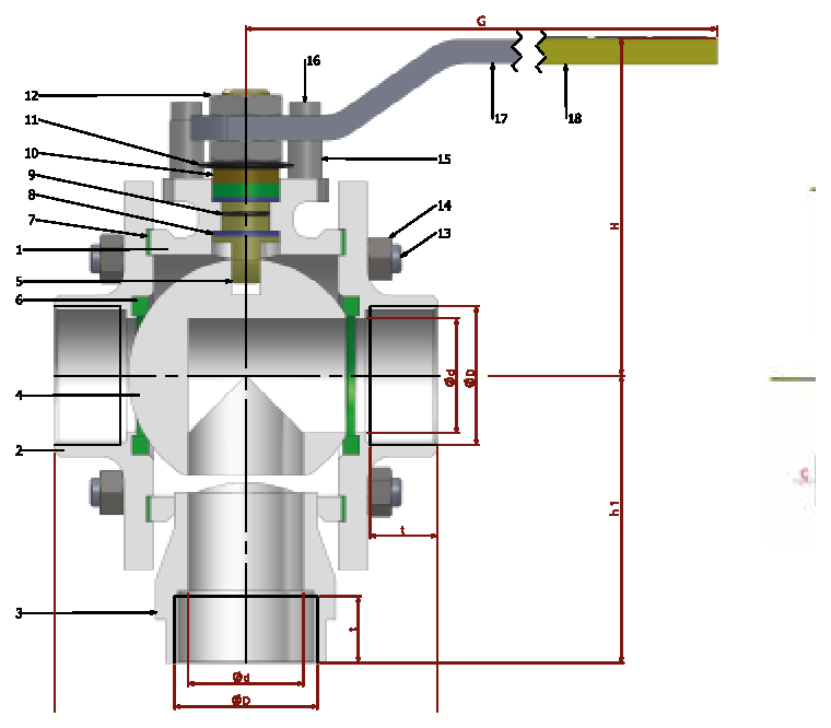 PN 16/40 3 Y- L Reduction Bore/Threaded (Steel) — sectional drawing with part numbers