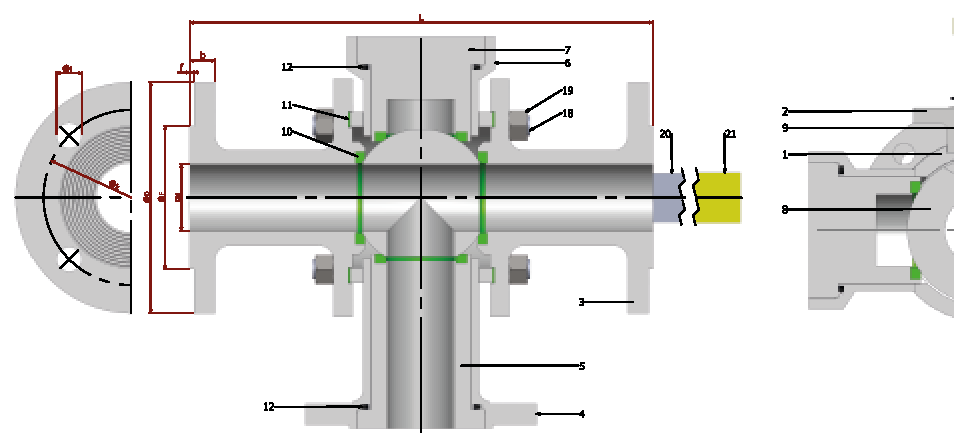 PN 16/40 3 Y-T Full Bore/Flanged — sectional drawing with part numbers