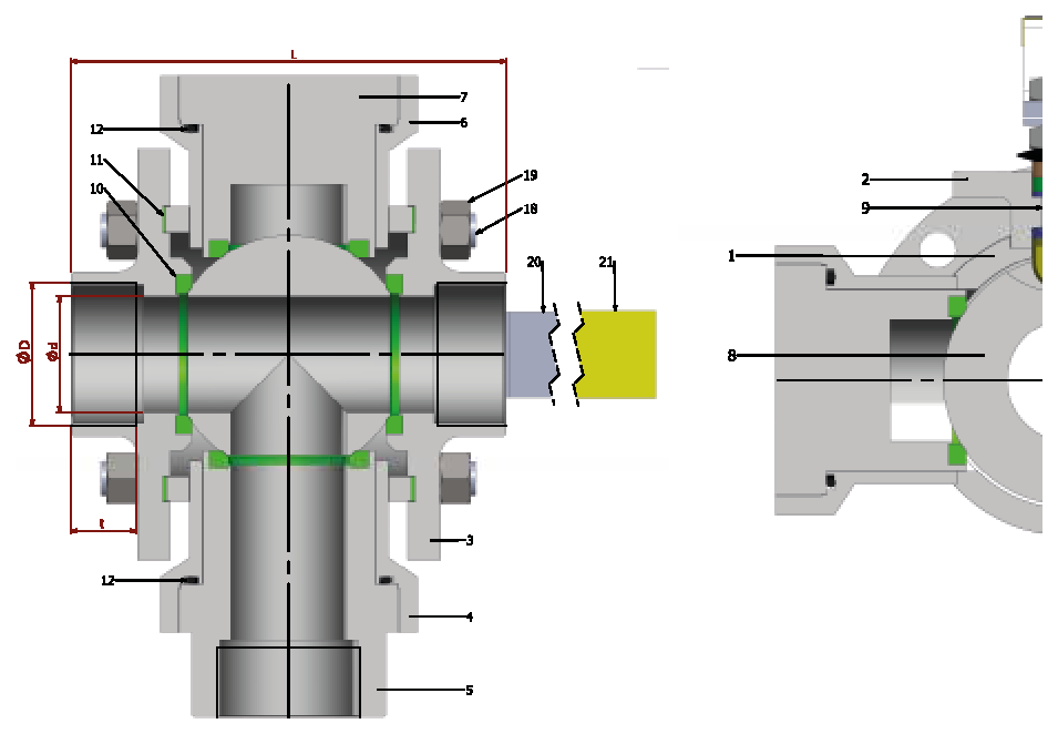 PN 16/40 3 Y-T Full Bore/Threaded — sectional drawing with part numbers