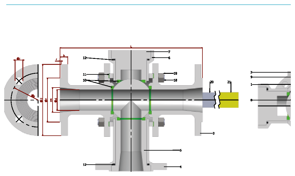 PN 16/40 3 Y- T Reduction Bore/Flanged — sectional drawing with part numbers