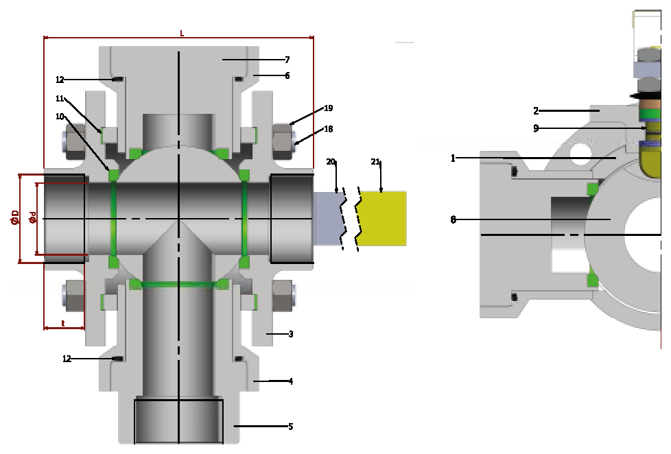 PN 16/40 3 Y- T Reduction Bore/Threaded — sectional drawing with part numbers