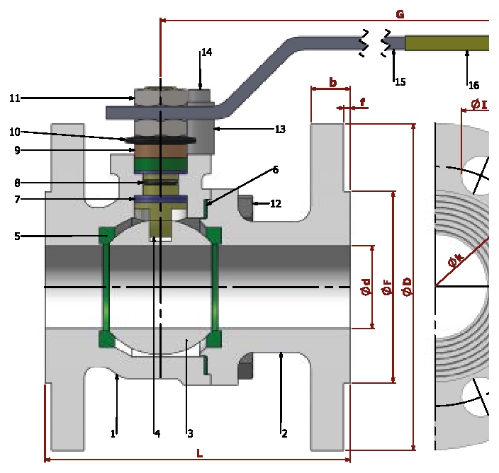 PN 16/40 (3202 F4/5) Full Bore/Flanged — sectional drawing with part numbers